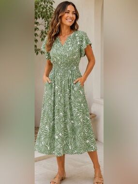 Nicole Miller New York XL Green Tropical Leaf Print midi smockedWaist Pockets